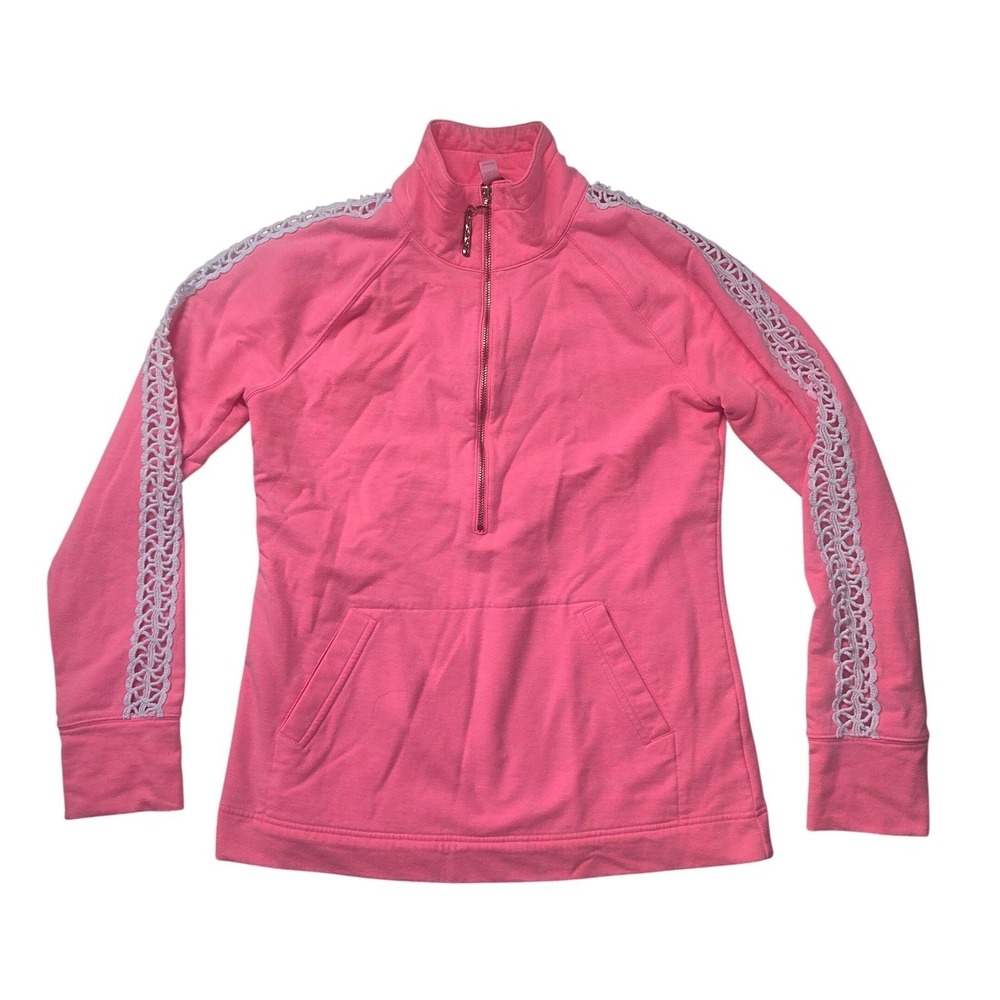 Lilly Pulitzer Pink Skipper Popover Lace Sleeve Quarter Zip Sweatshirt XS